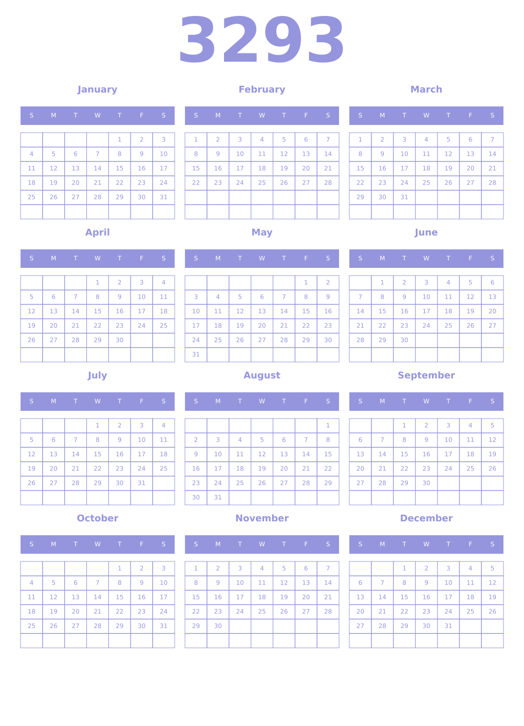 Printable 3293 Year Calendars periwinkle