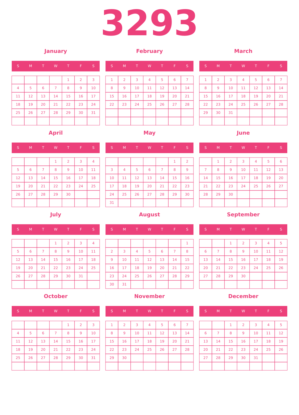 Printable 3293 Year Calendars pink
