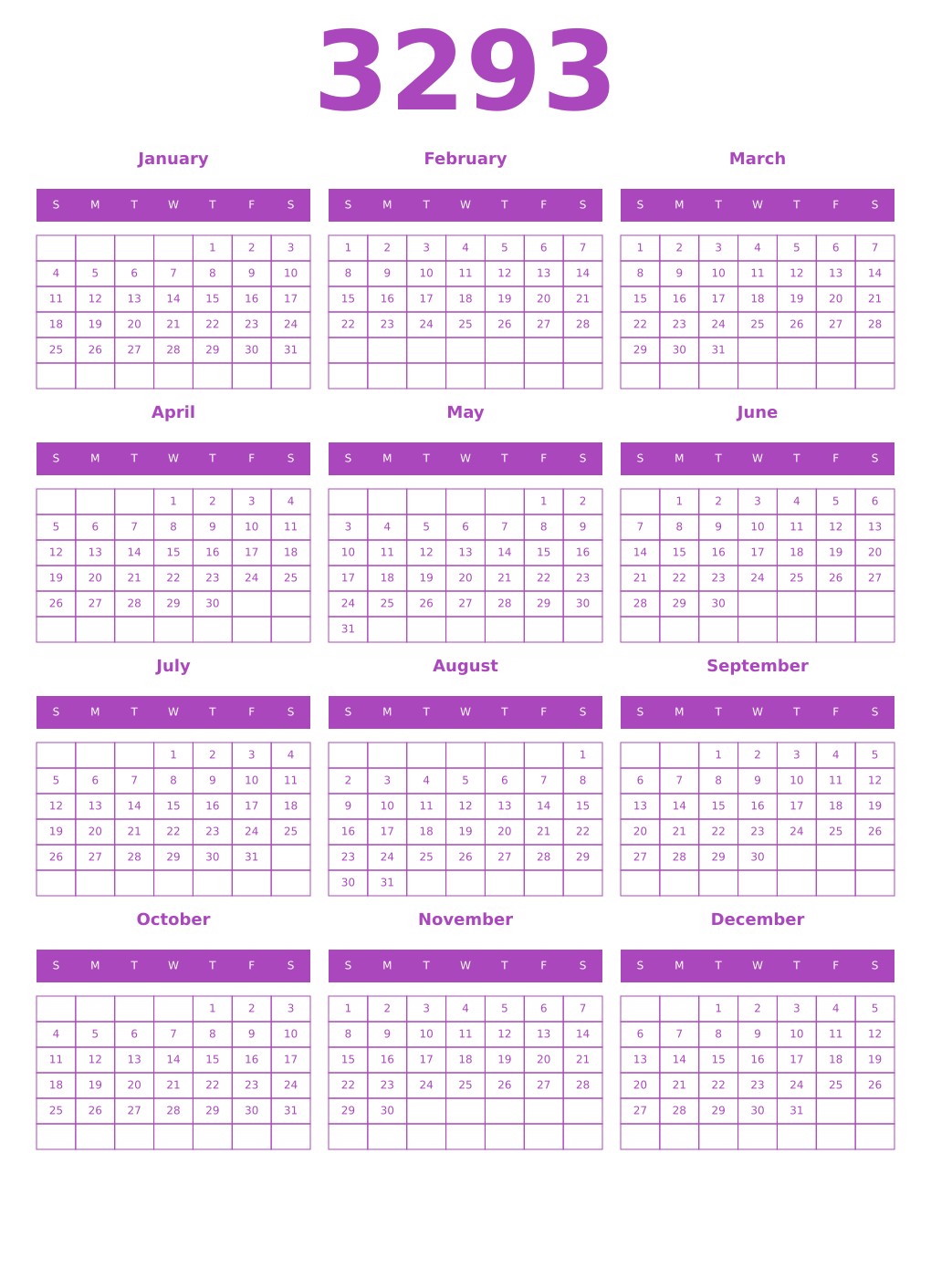 Printable 3293 Year Calendars purple
