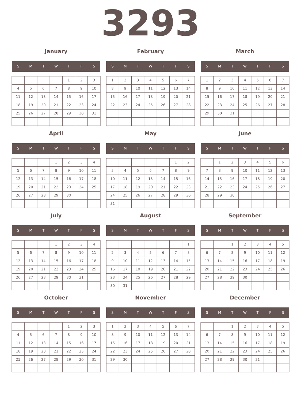 Printable 3293 Year Calendars wenge