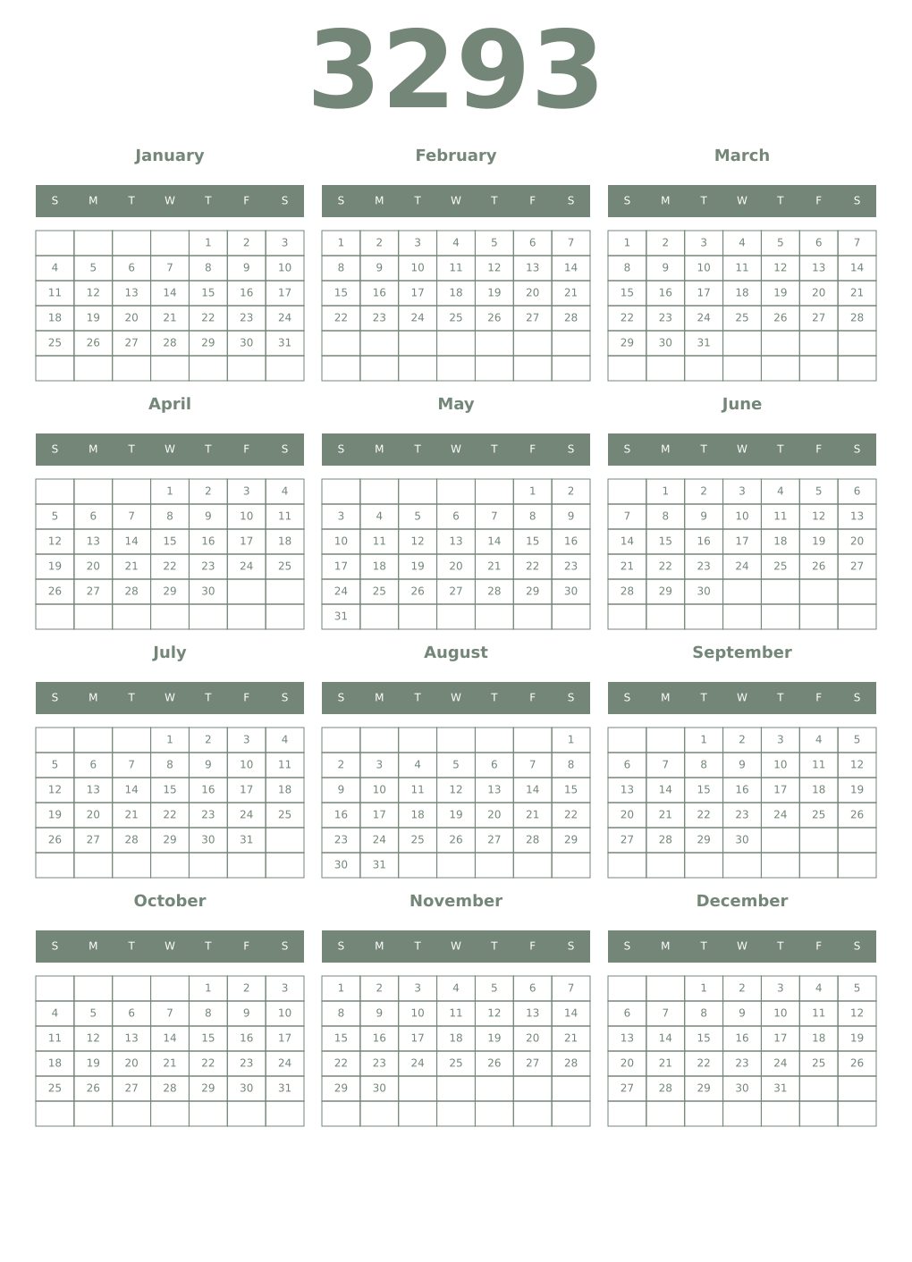 Printable 3293 Year Calendars xanadu