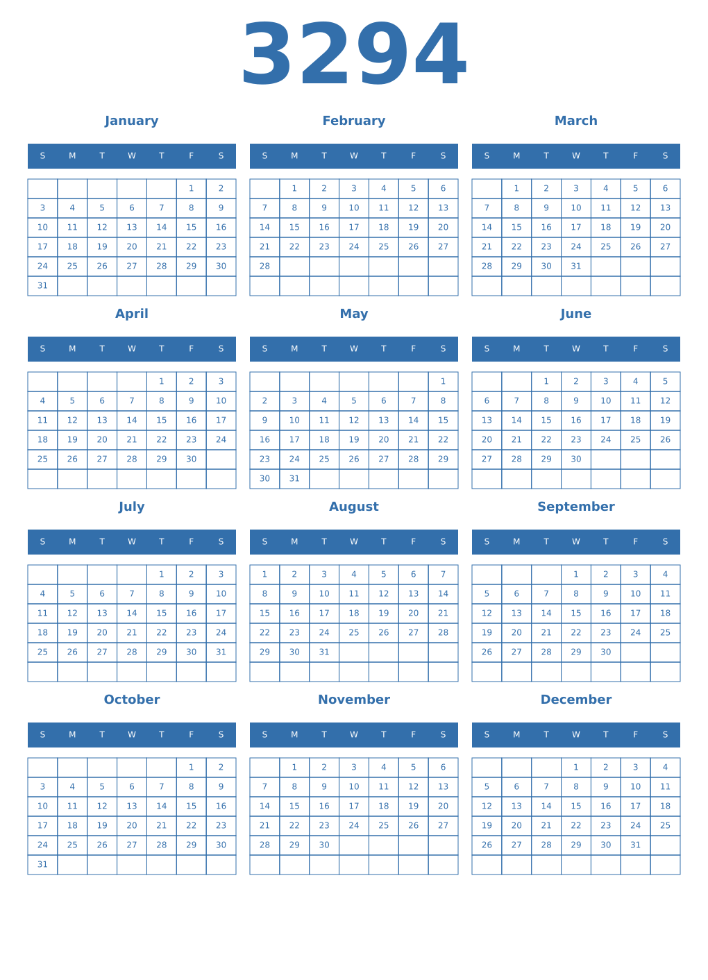 Printable 3294 Year Calendars blue