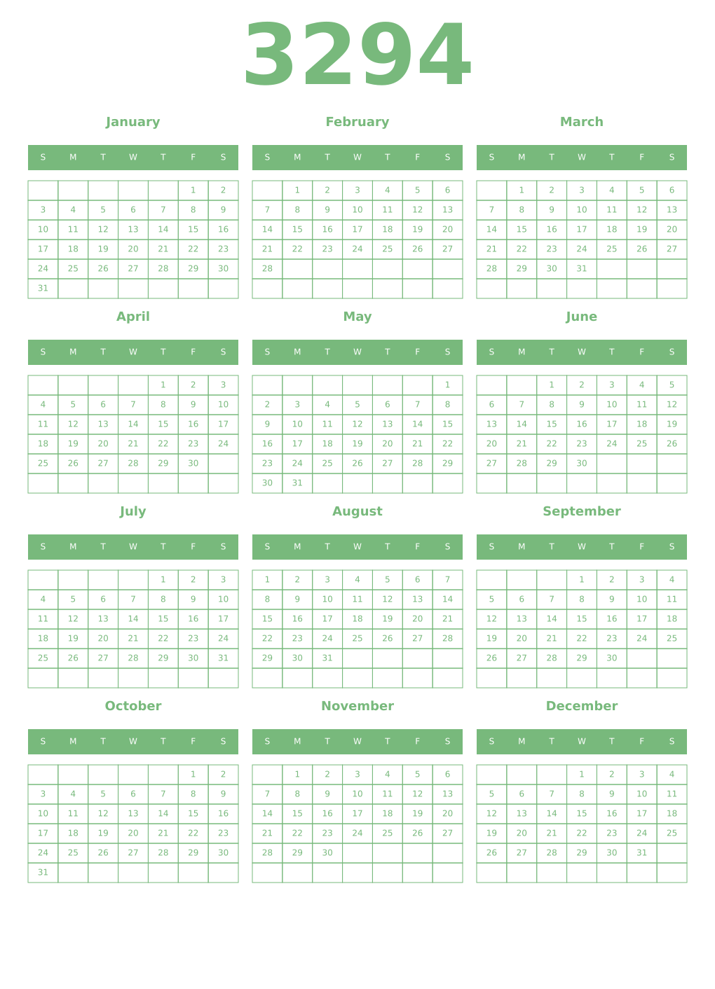 Printable 3294 Year Calendars celadon
