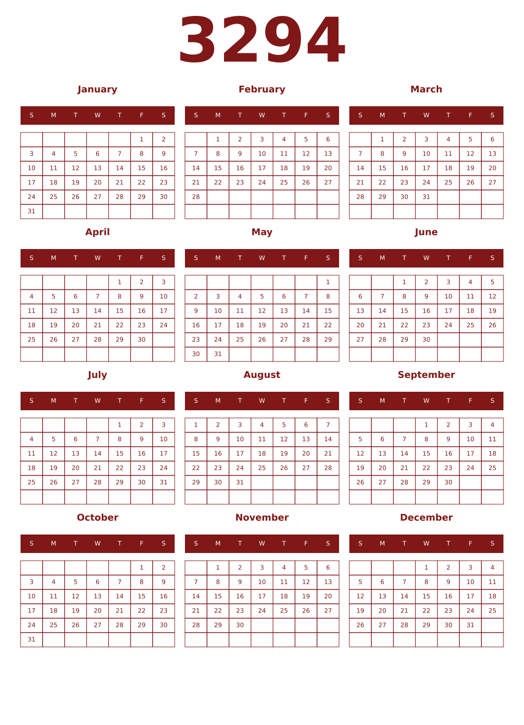 Printable 3294 Year Calendars falu
