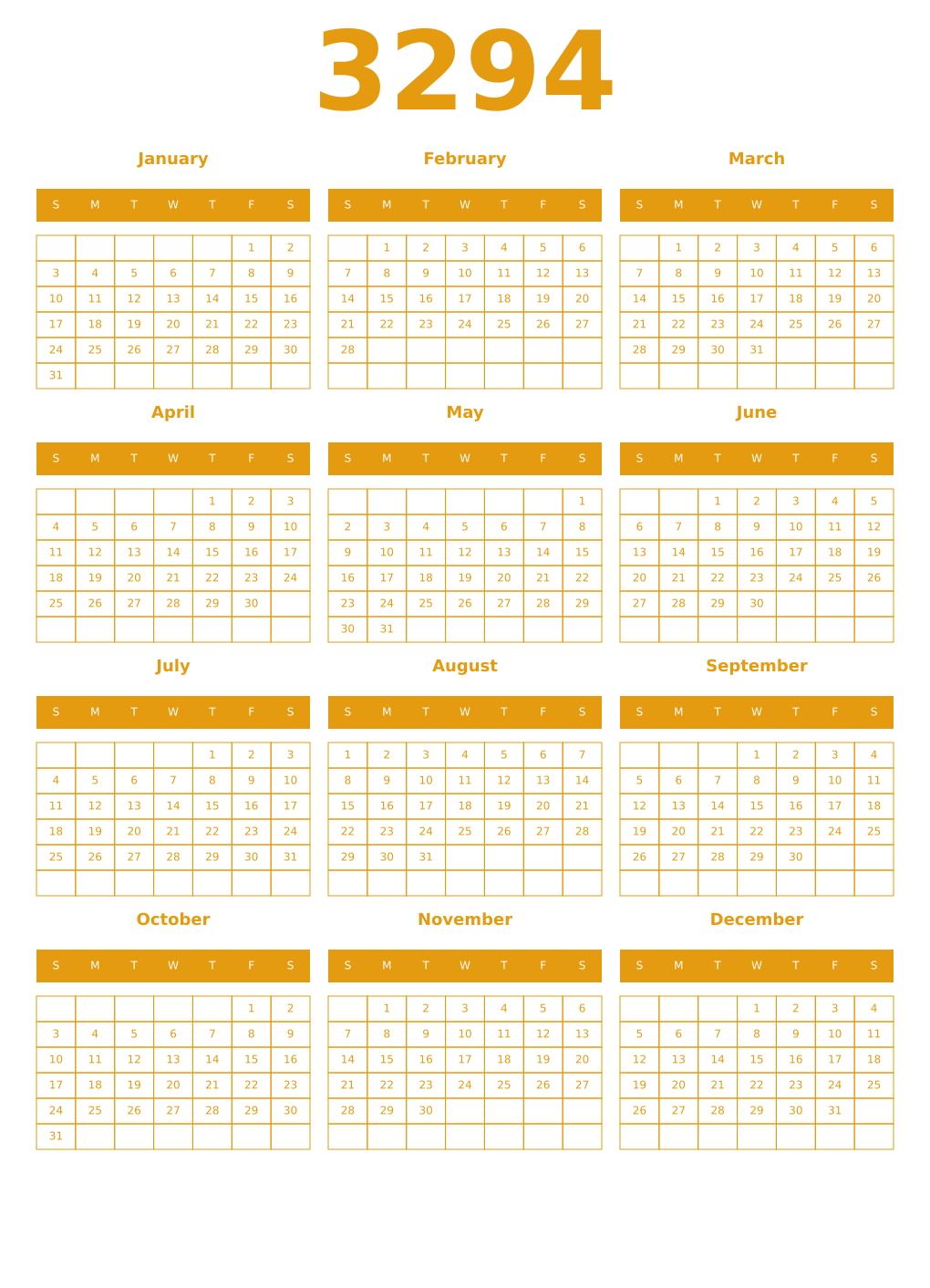 Printable 3294 Year Calendars gamboge