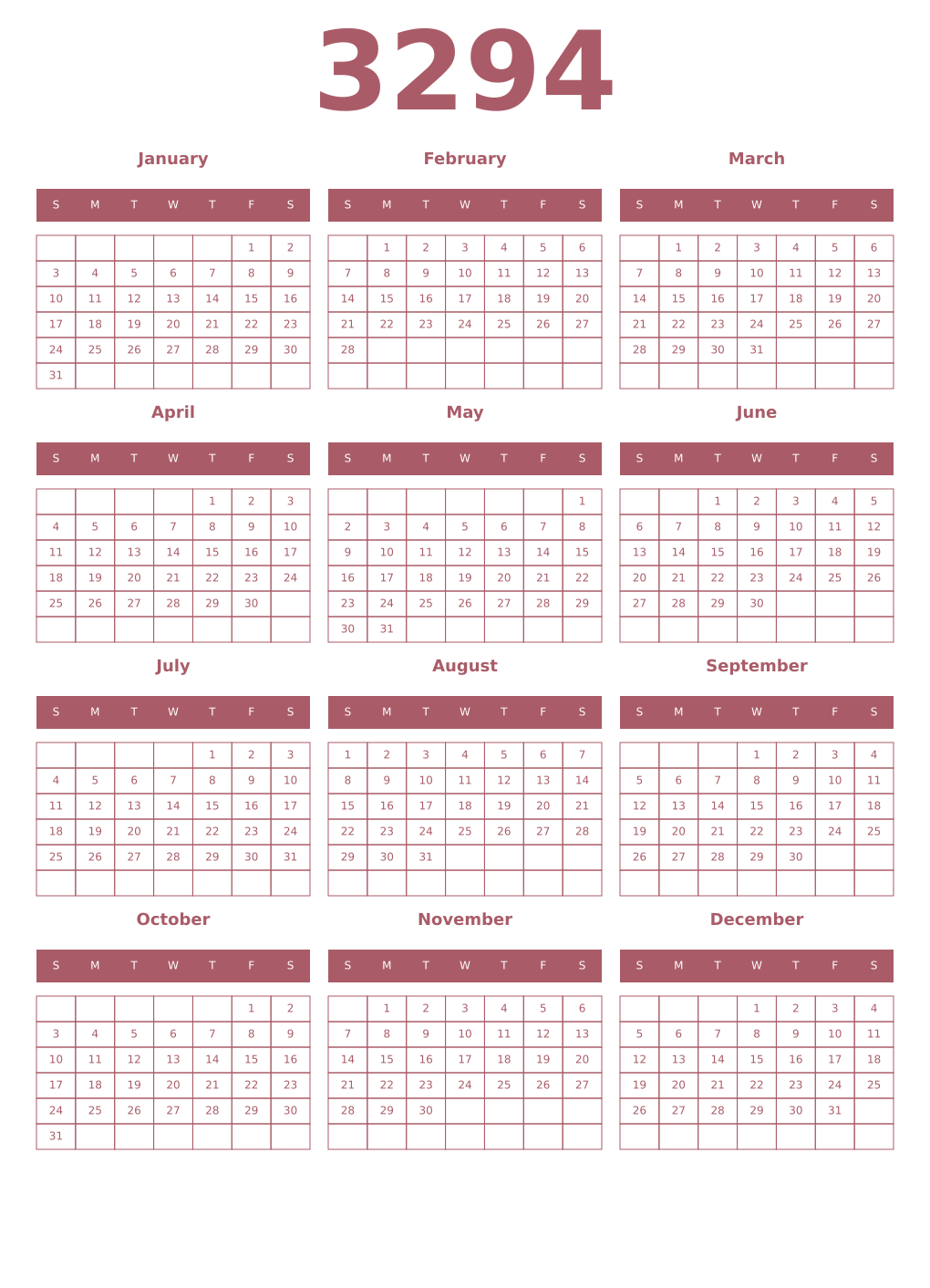 Printable 3294 Year Calendars puce