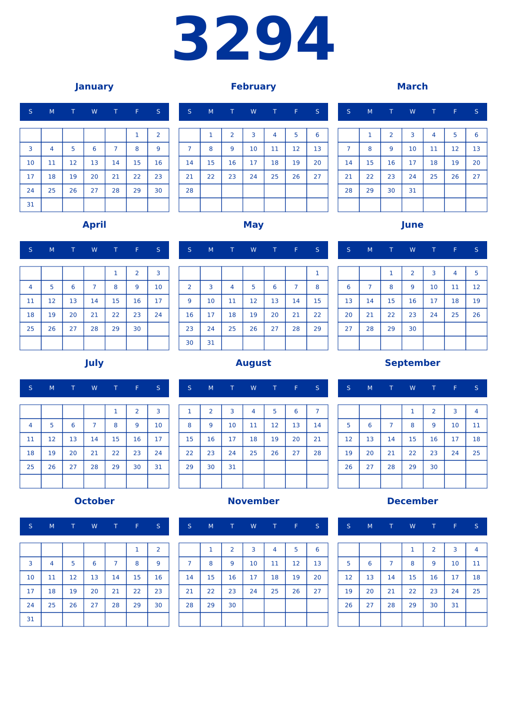 Printable 3294 Year Calendars smalt