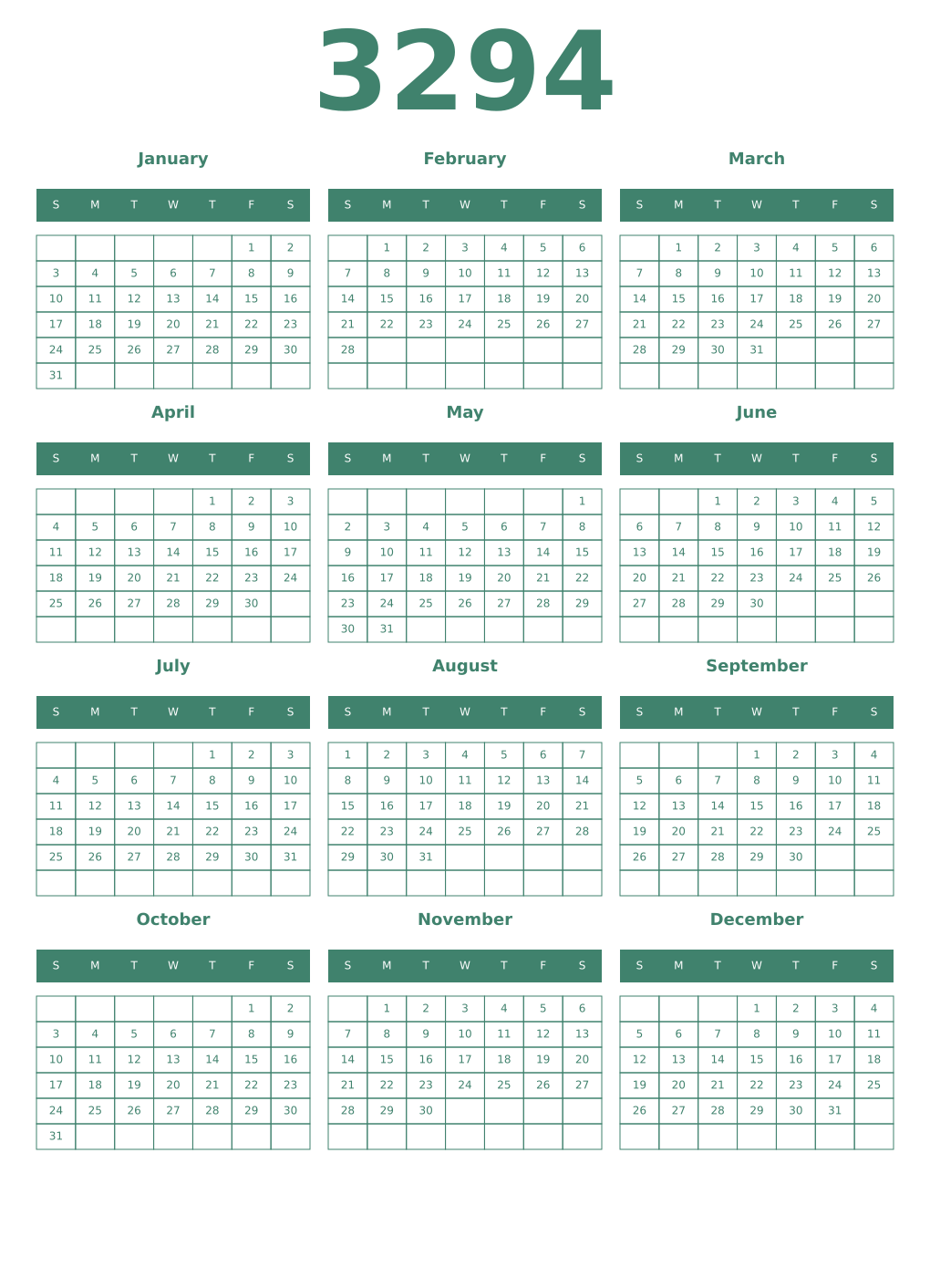 Printable 3294 Year Calendars viridian