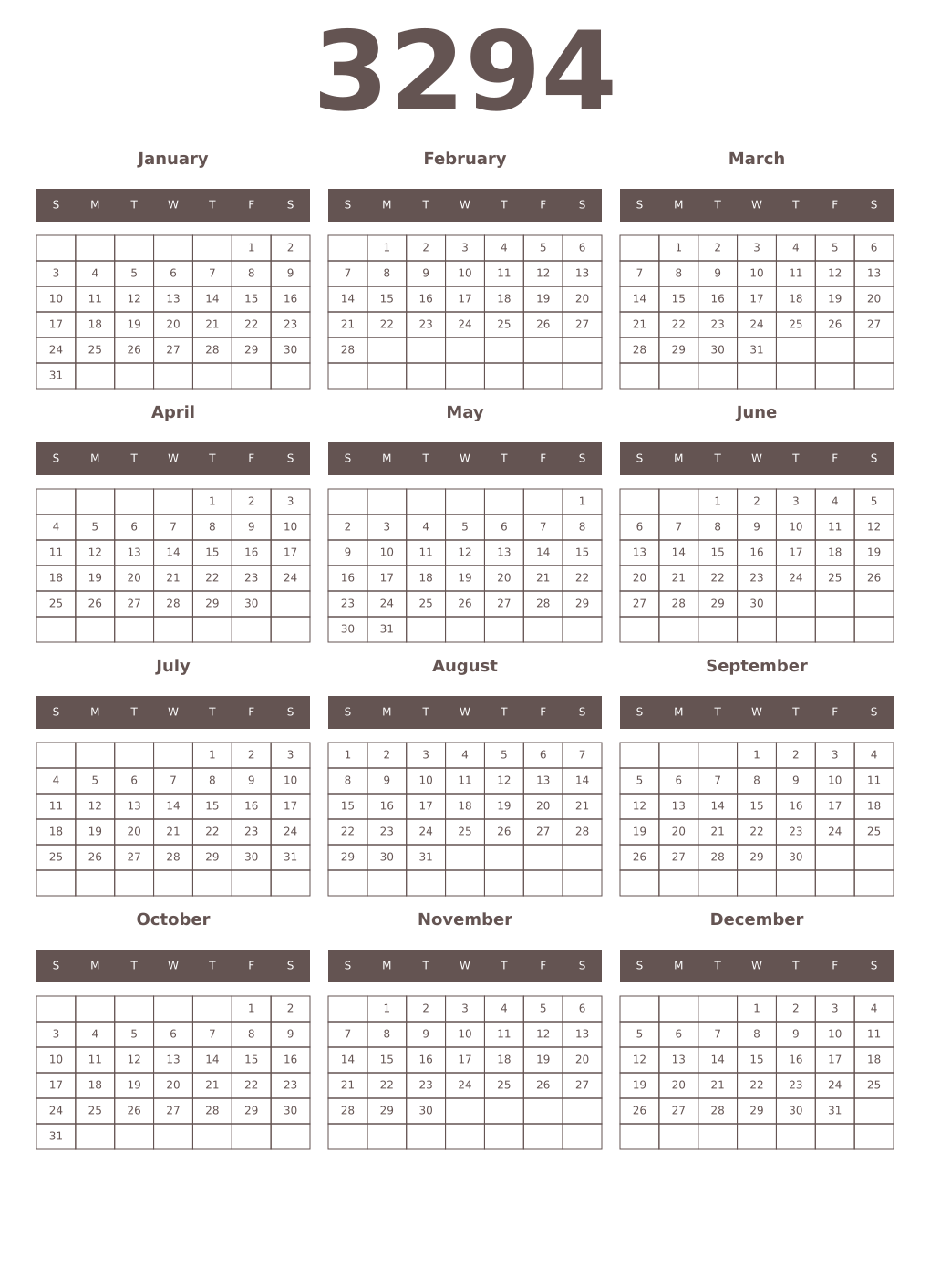 Printable 3294 Year Calendars wenge