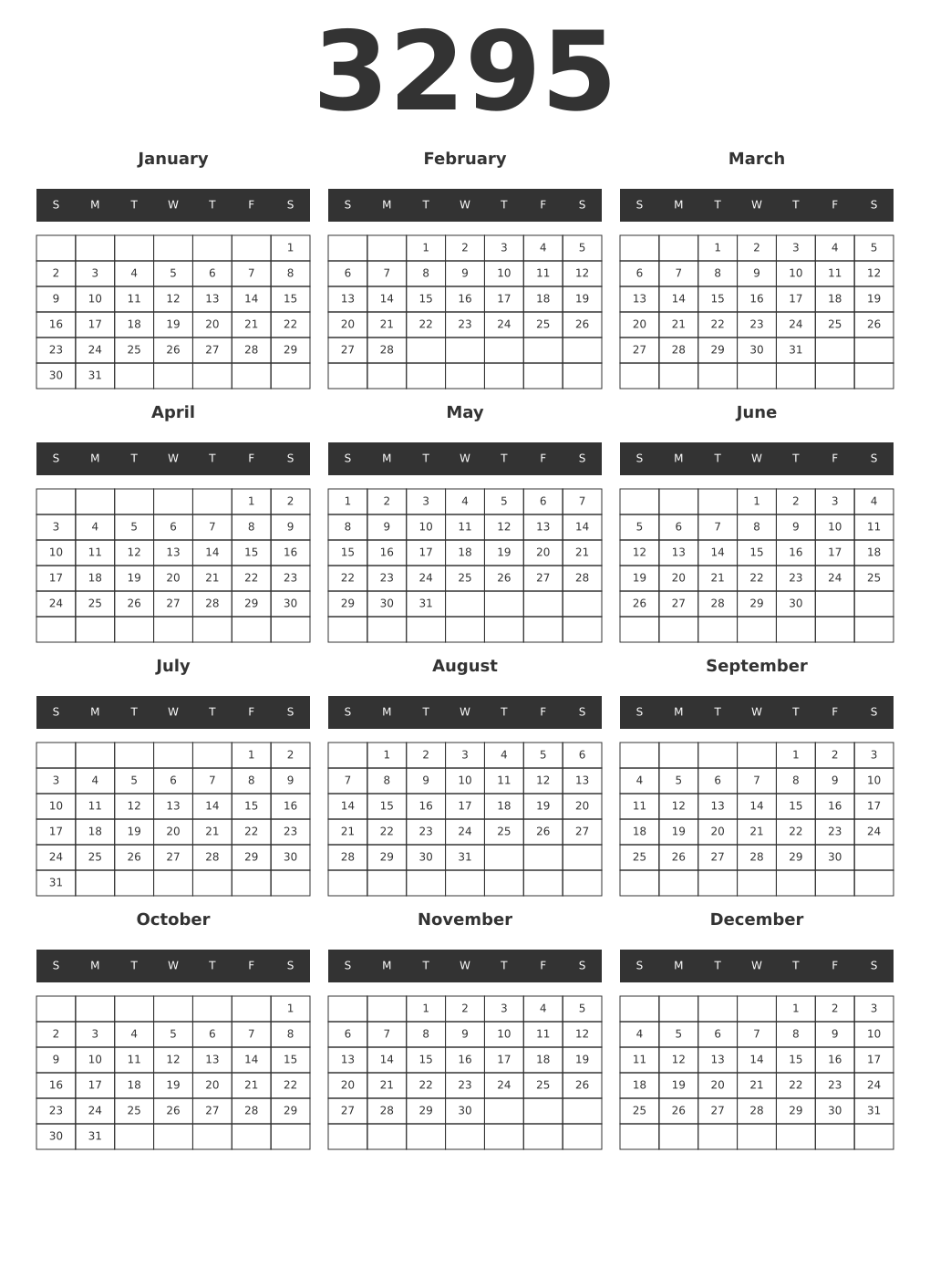 Printable 3295 Year Calendars dark