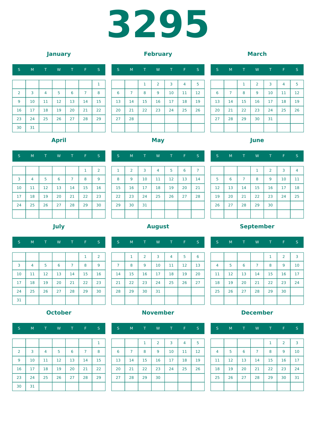 Printable 3295 Year Calendars pastel