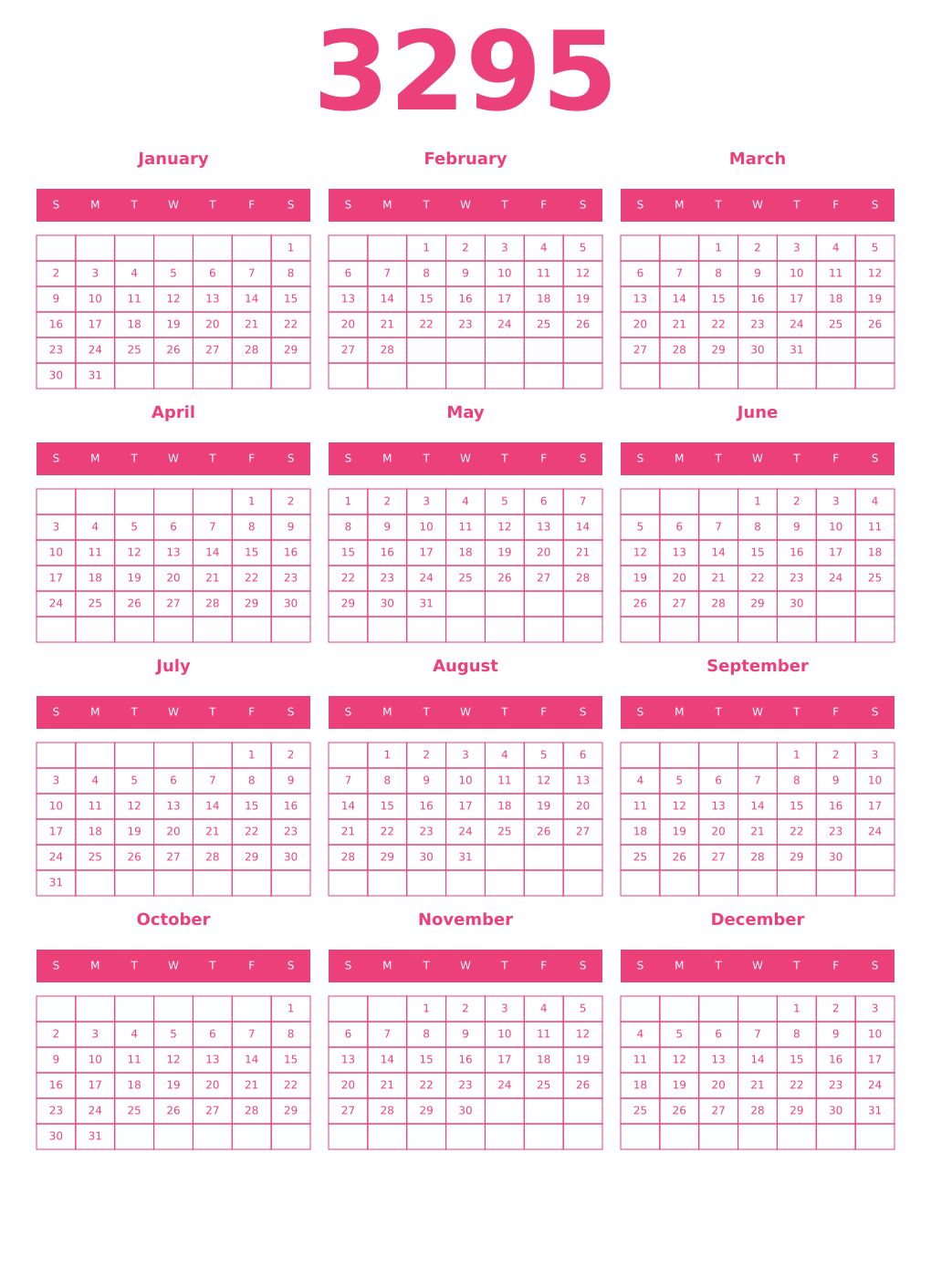 Printable 3295 Year Calendars pink