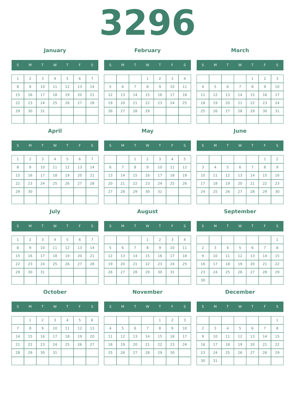 Printable 3296 Year Calendars viridian