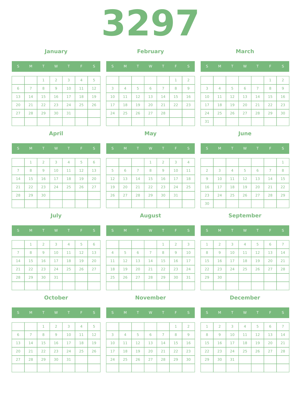 Printable 3297 Year Calendars celadon