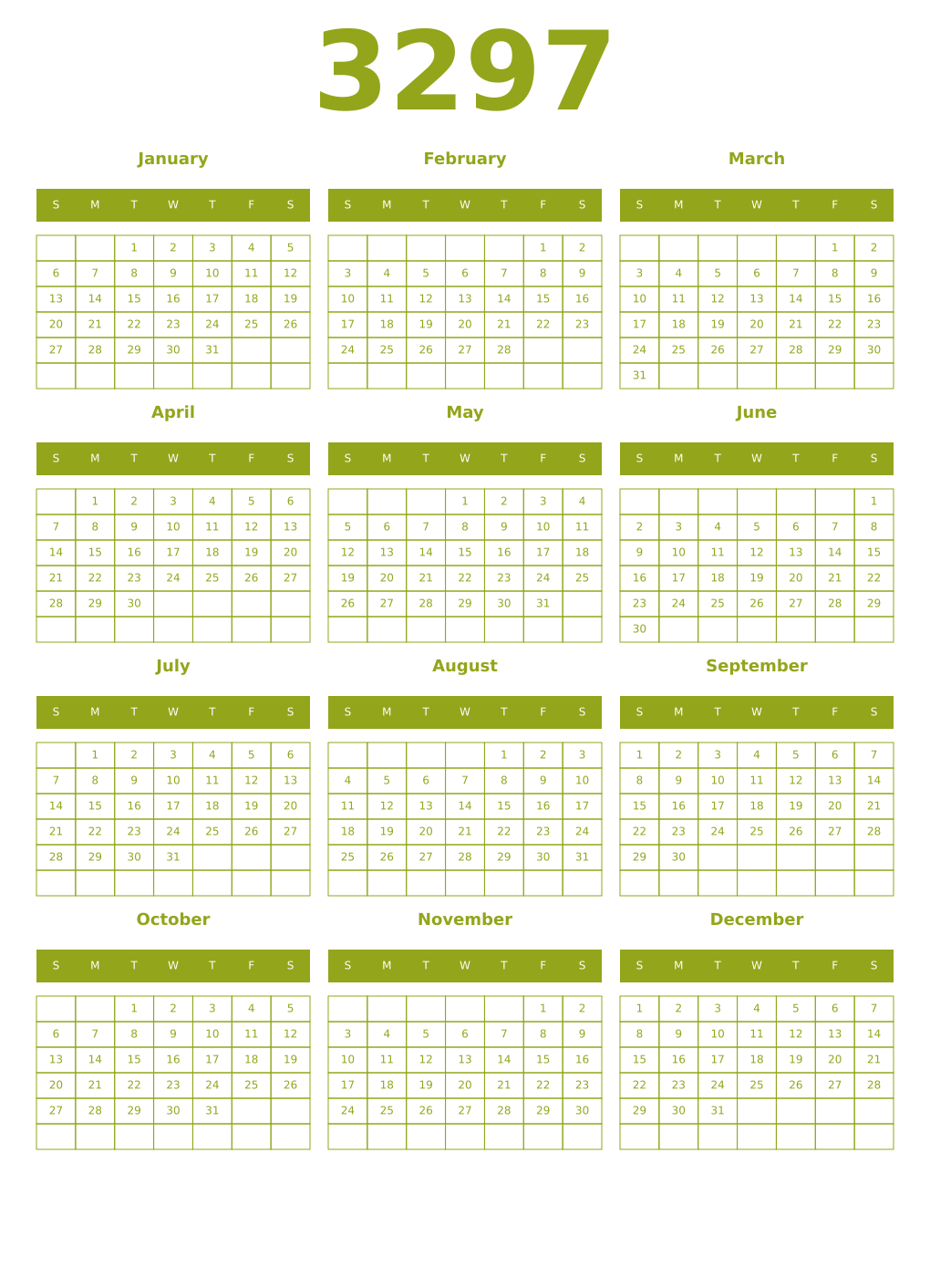 Printable 3297 Year Calendars chartreuse