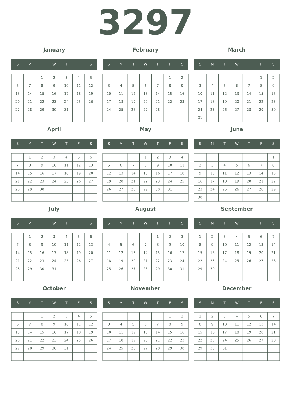 Printable 3297 Year Calendars feldgrau