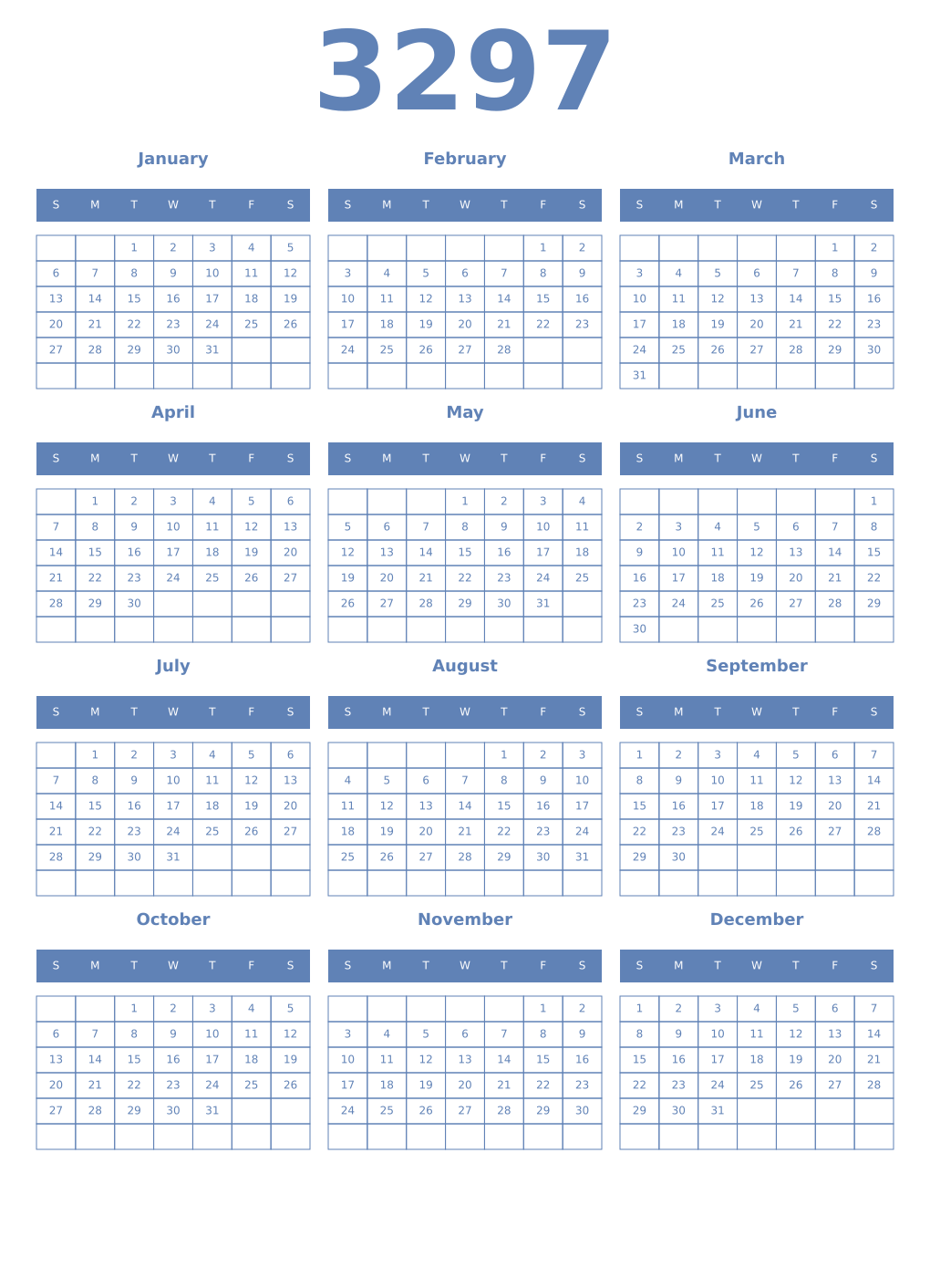 Printable 3297 Year Calendars glaucous