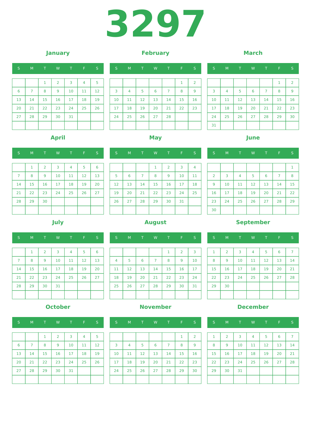 Printable 3297 Year Calendars green
