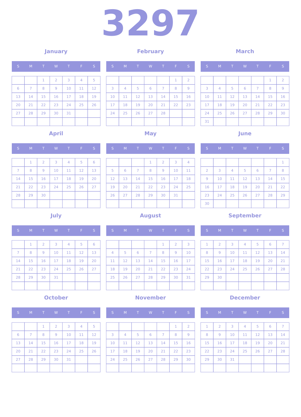Printable 3297 Year Calendars periwinkle