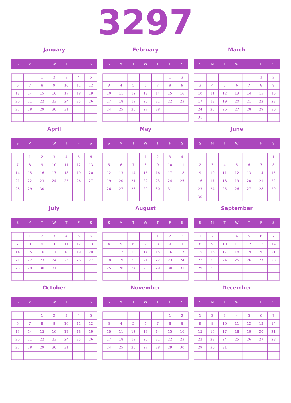 Printable 3297 Year Calendars purple