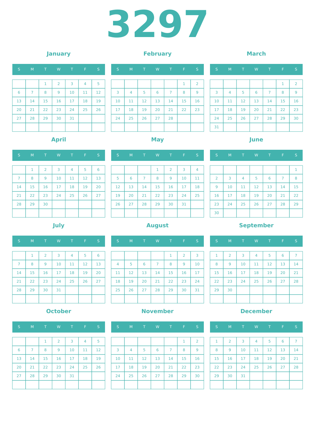 Printable 3297 Year Calendars verdigris