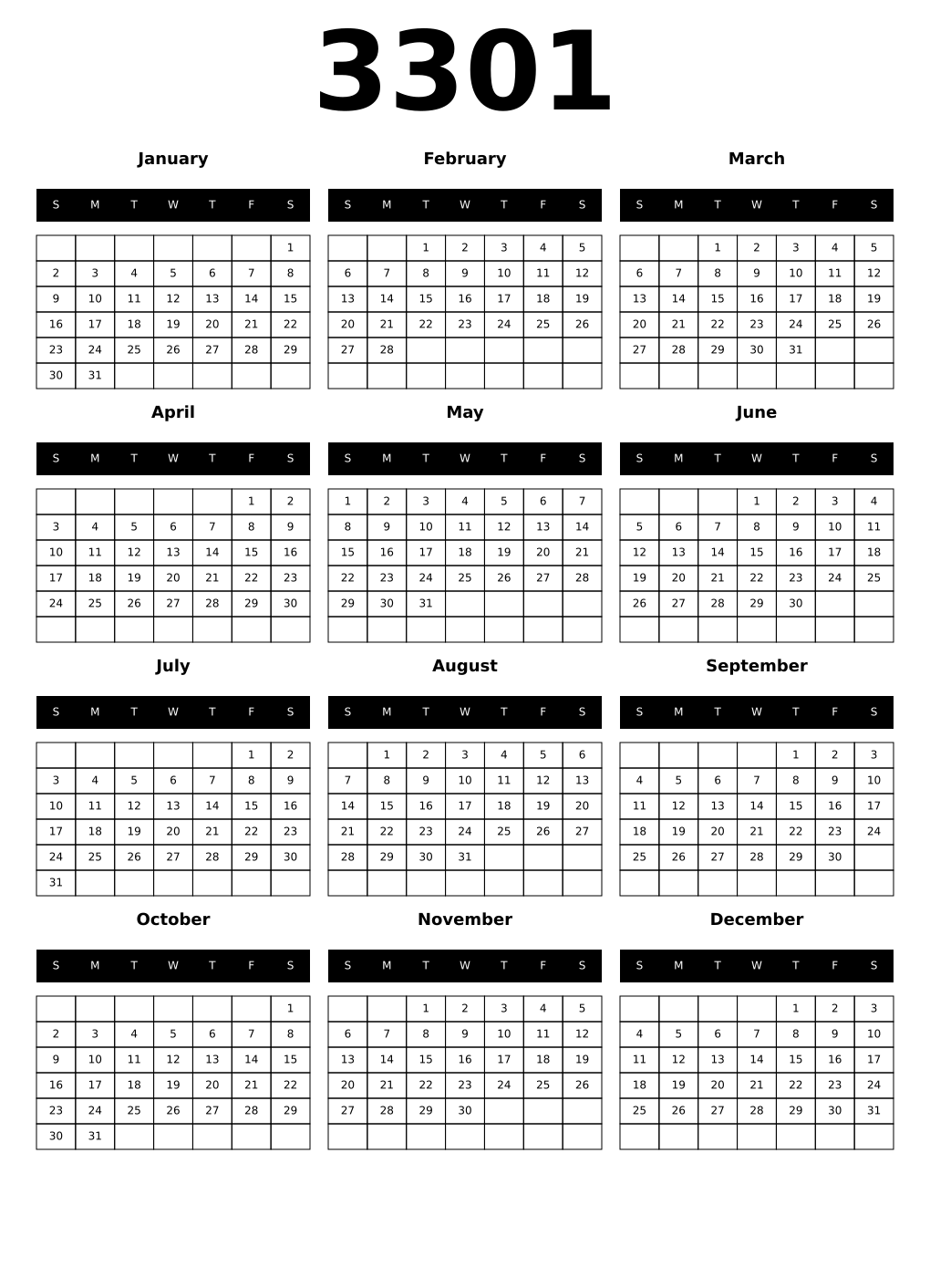 Printable 3301 Year Calendars black