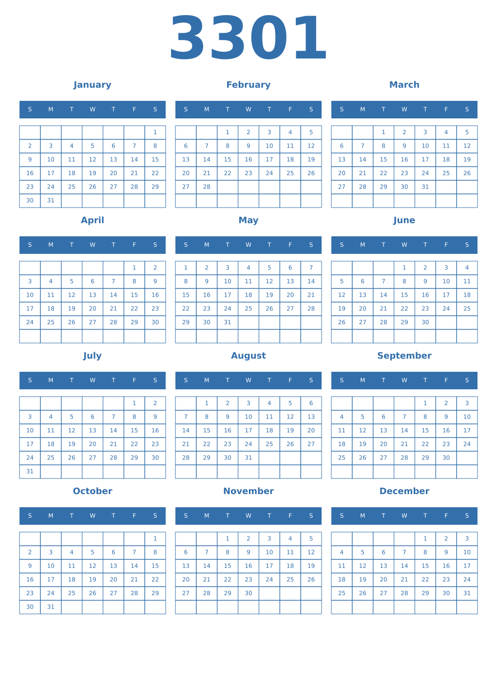 Printable 3301 Year Calendars blue