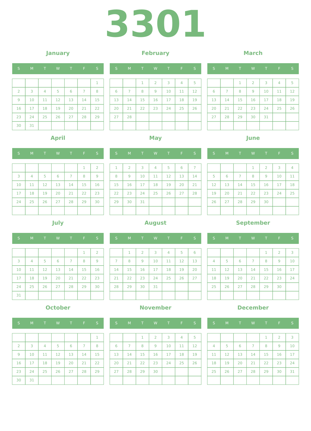Printable 3301 Year Calendars celadon