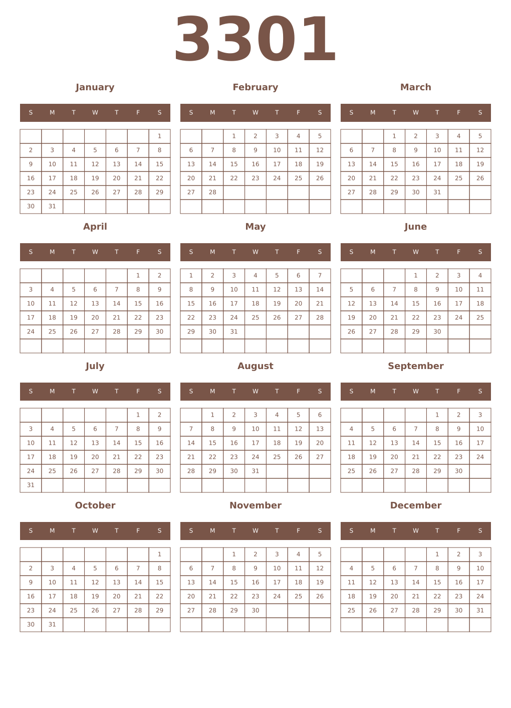 Printable 3301 Year Calendars coffe
