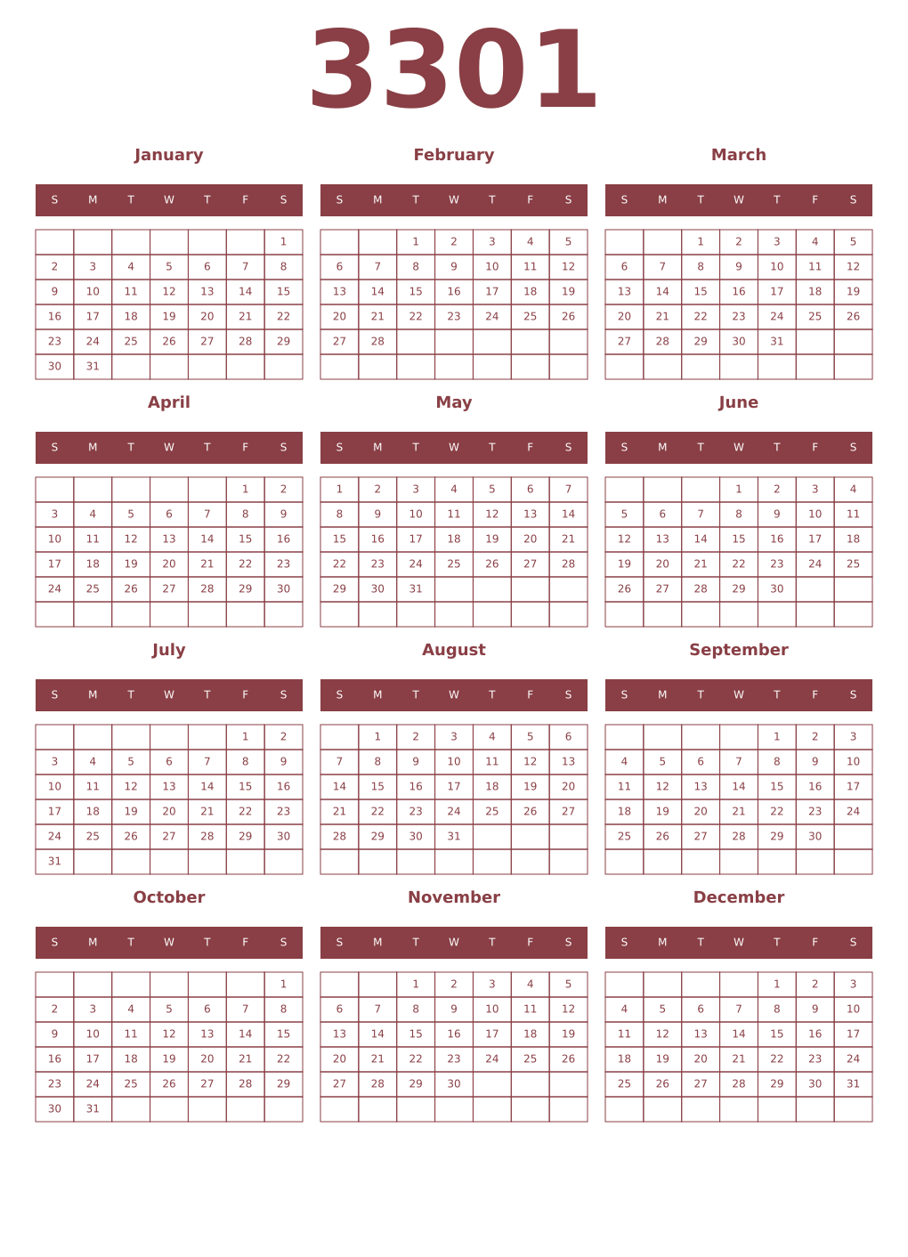 Printable 3301 Year Calendars cordovan