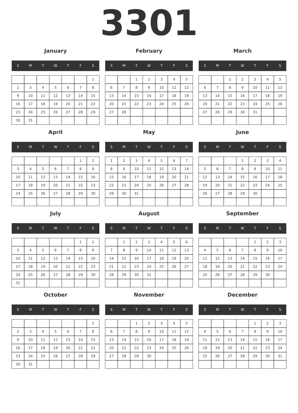 Printable 3301 Year Calendars dark