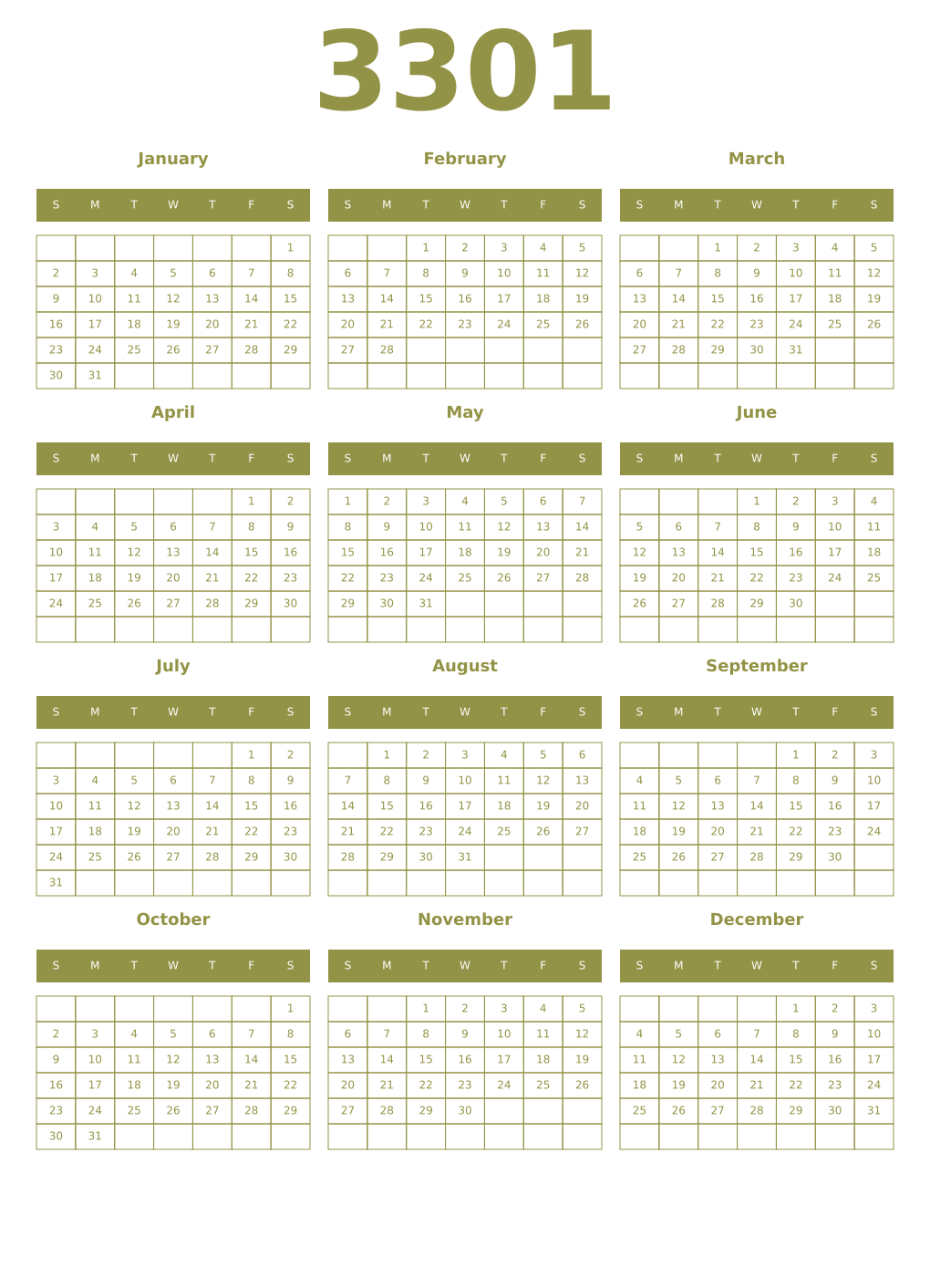 Printable 3301 Year Calendars eburnean