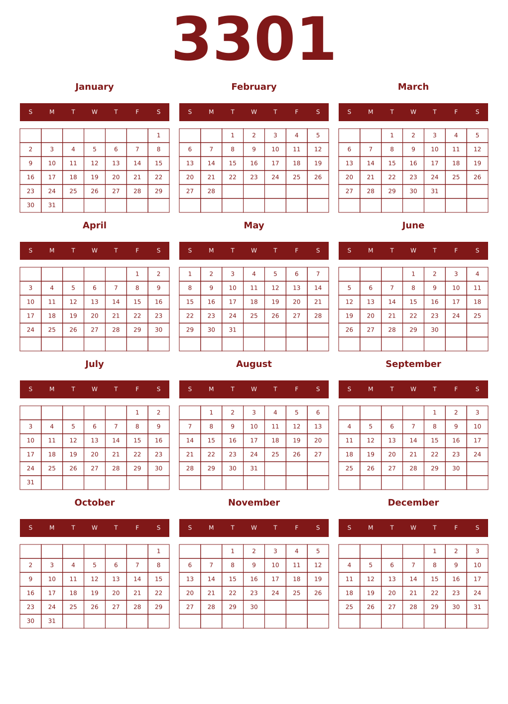 Printable 3301 Year Calendars falu