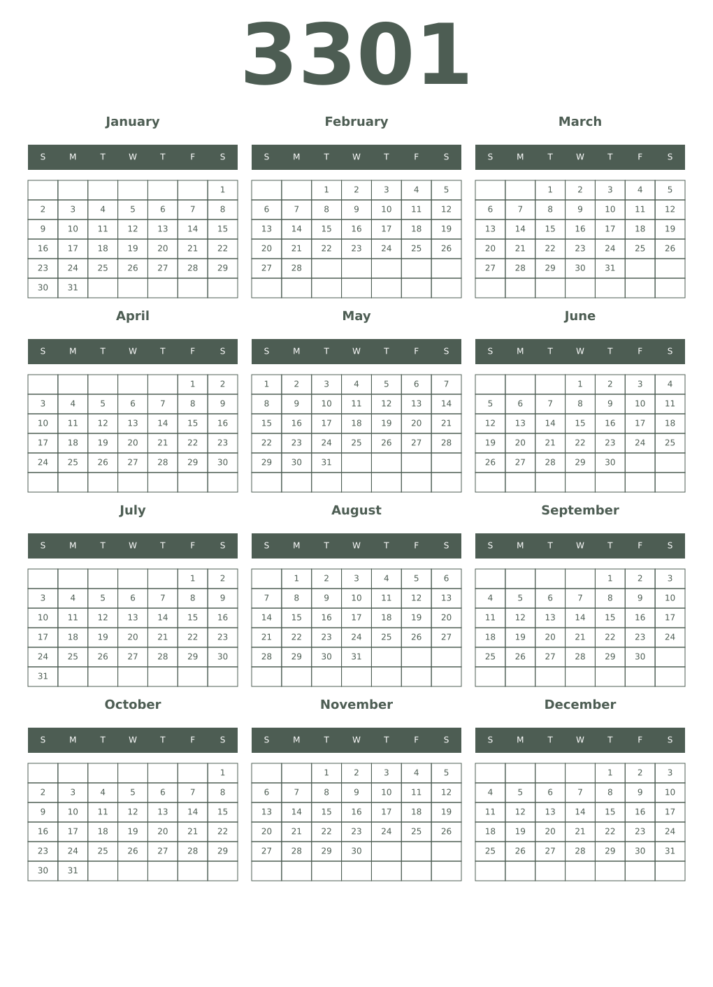 Printable 3301 Year Calendars feldgrau