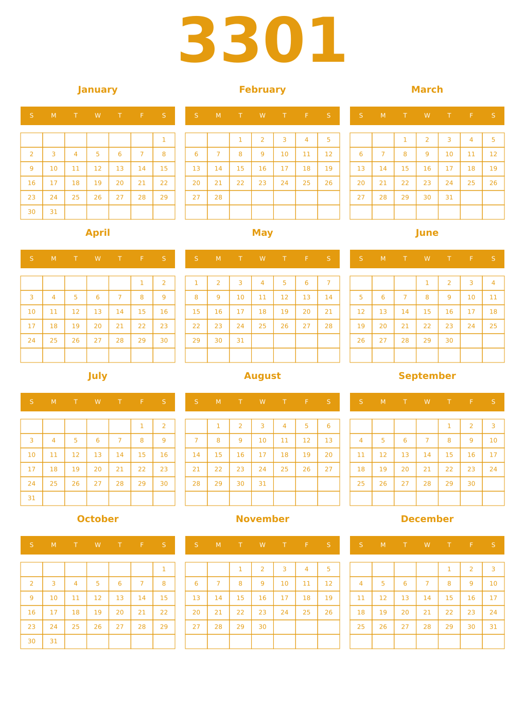Printable 3301 Year Calendars gamboge