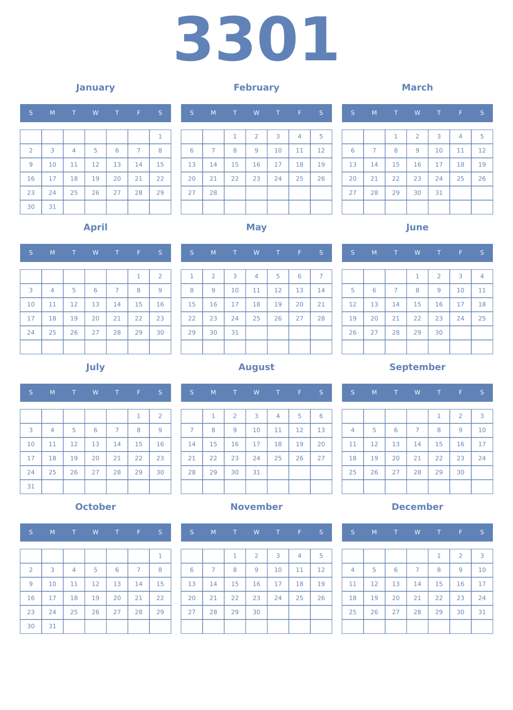 Printable 3301 Year Calendars glaucous