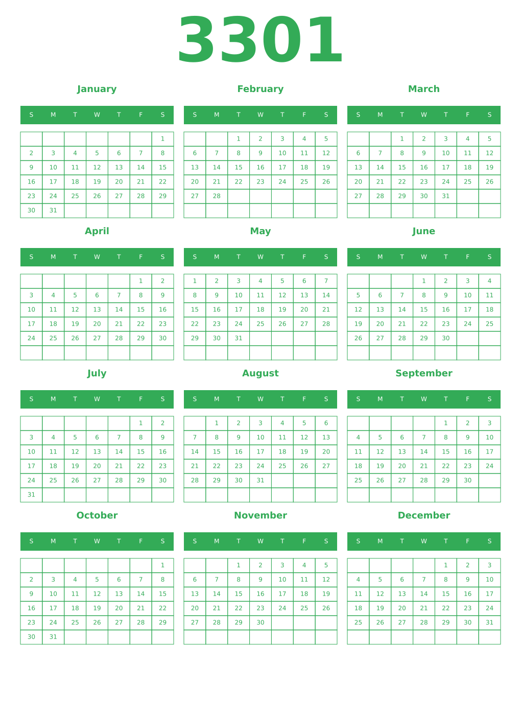Printable 3301 Year Calendars green
