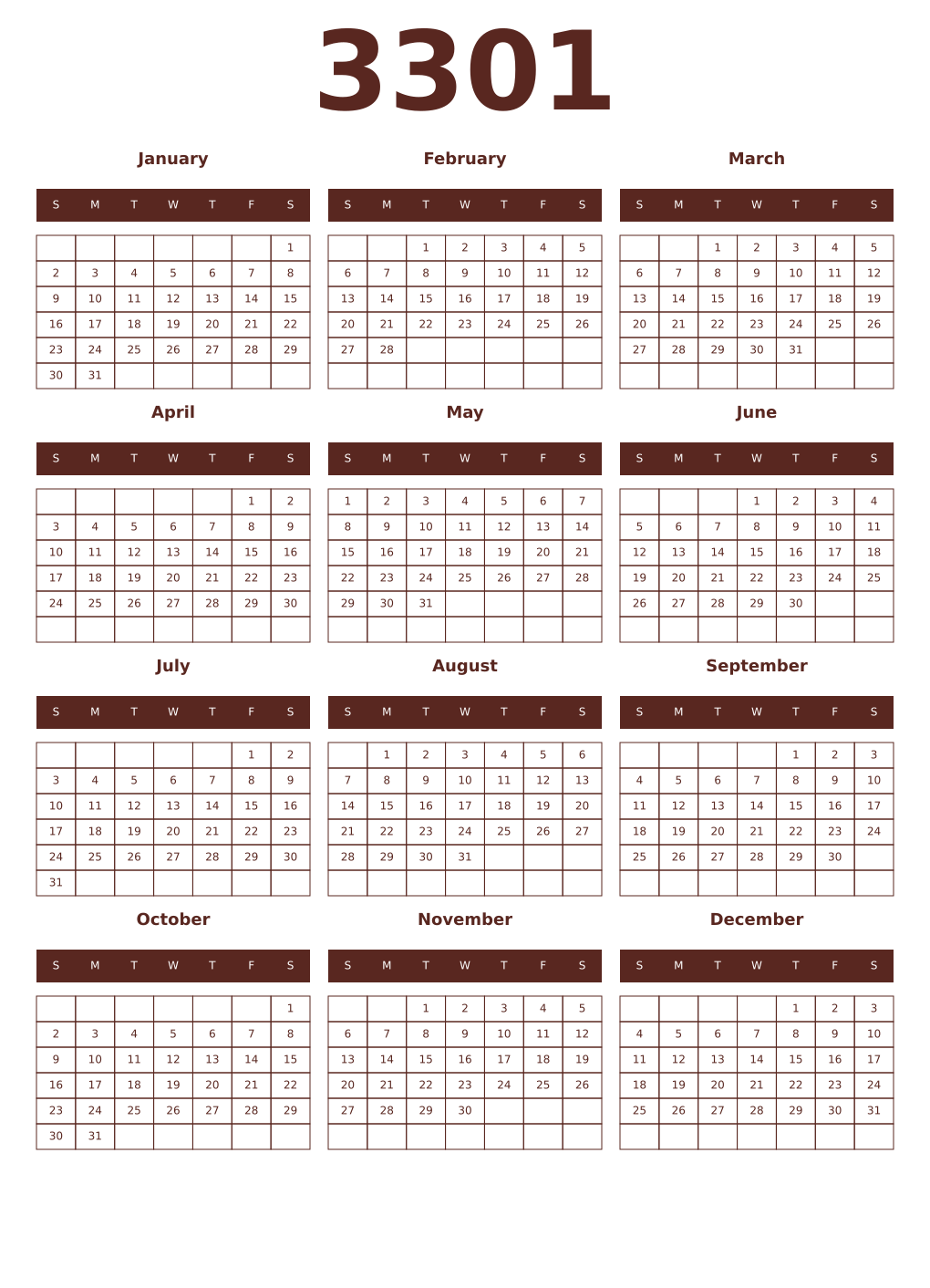 Printable 3301 Year Calendars mortuum