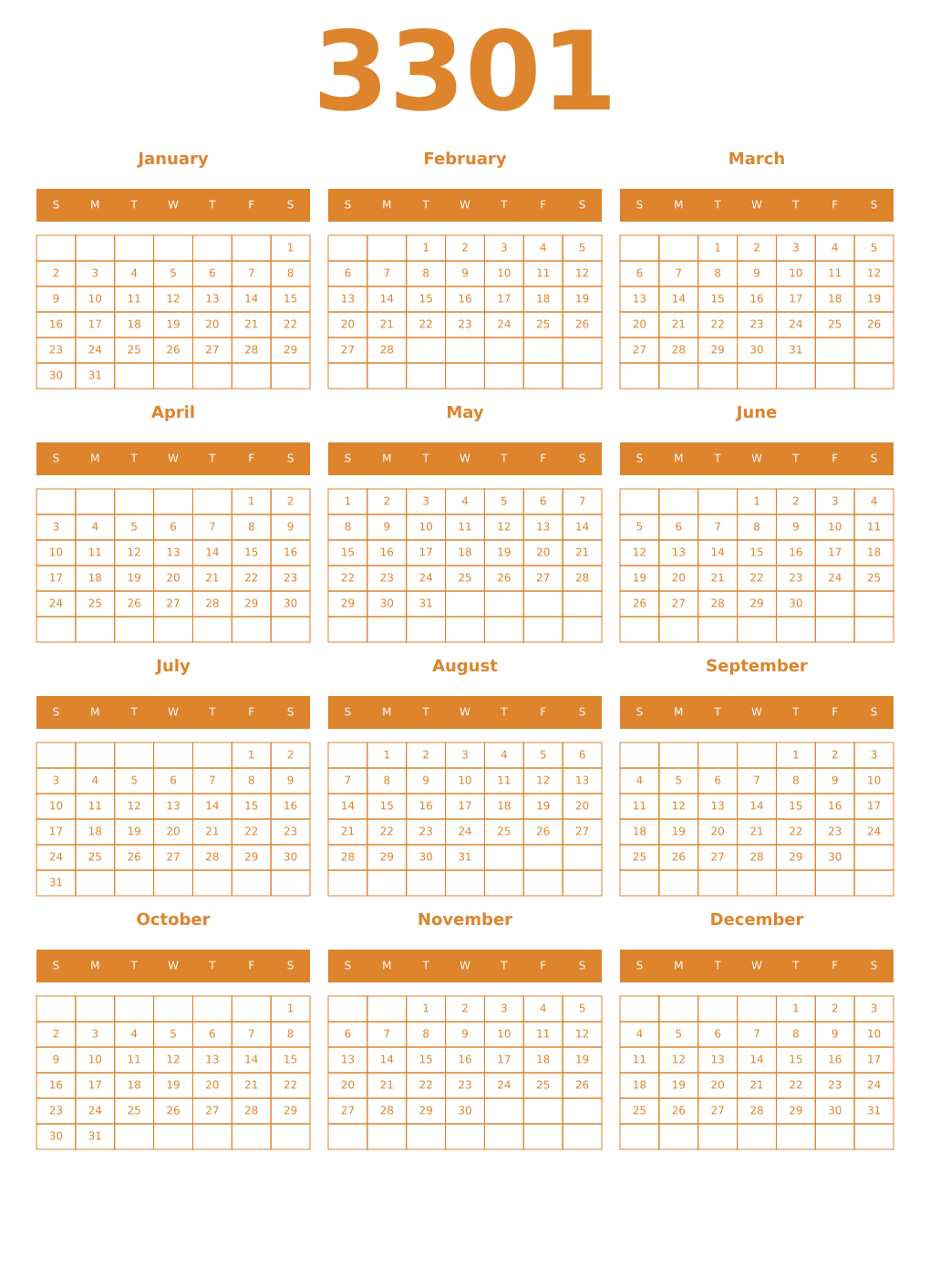Printable 3301 Year Calendars orange