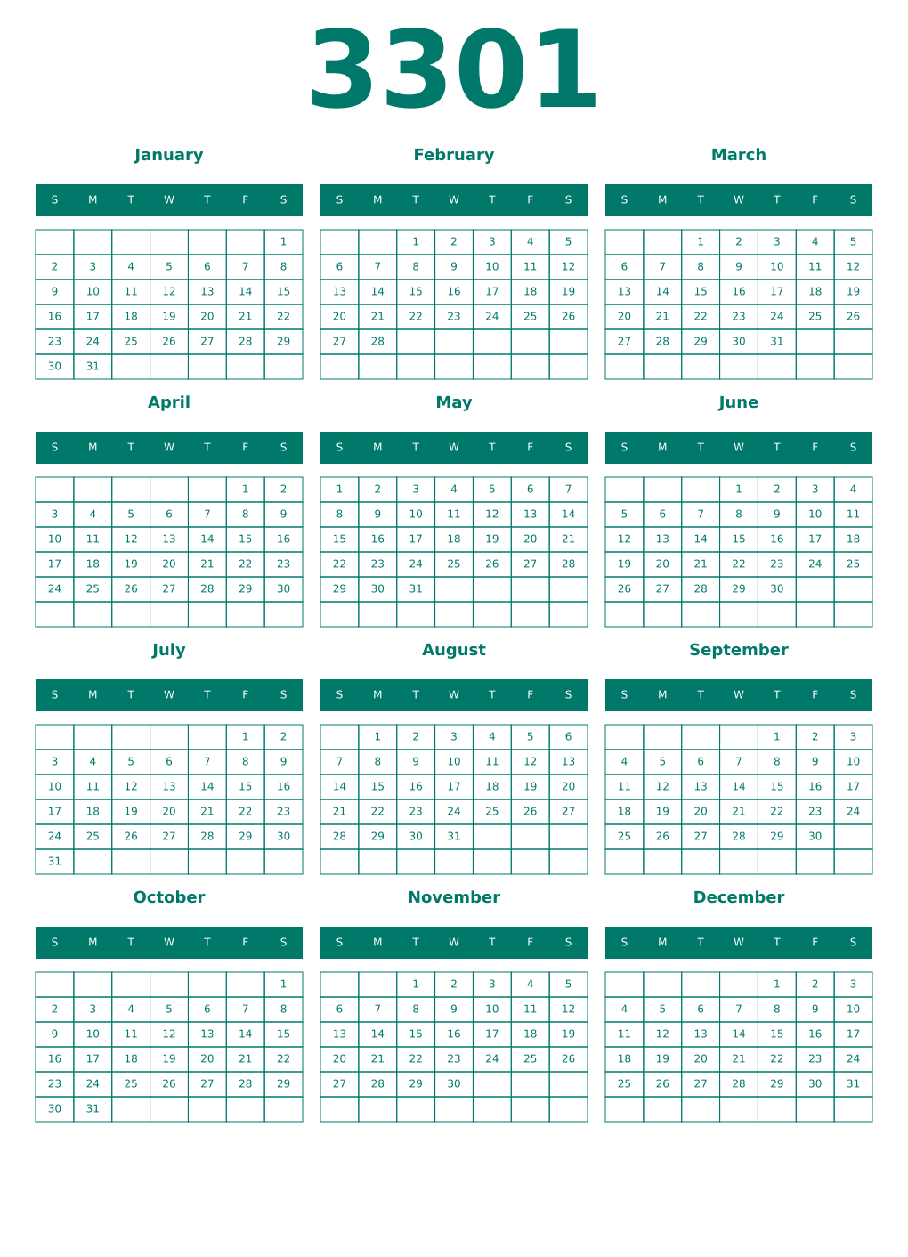 Printable 3301 Year Calendars pastel