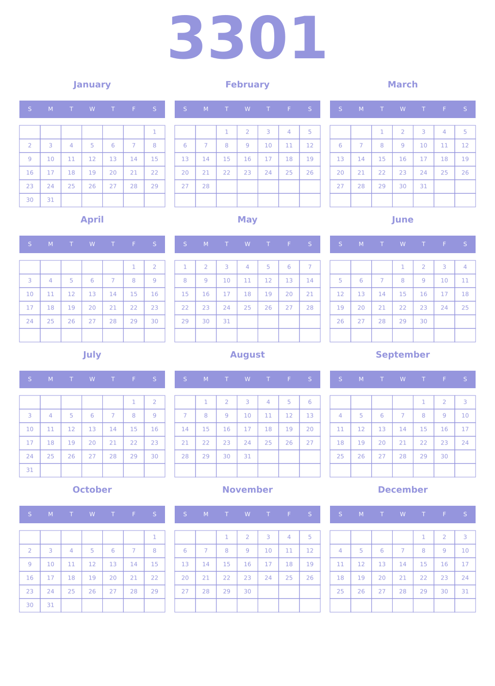 Printable 3301 Year Calendars periwinkle