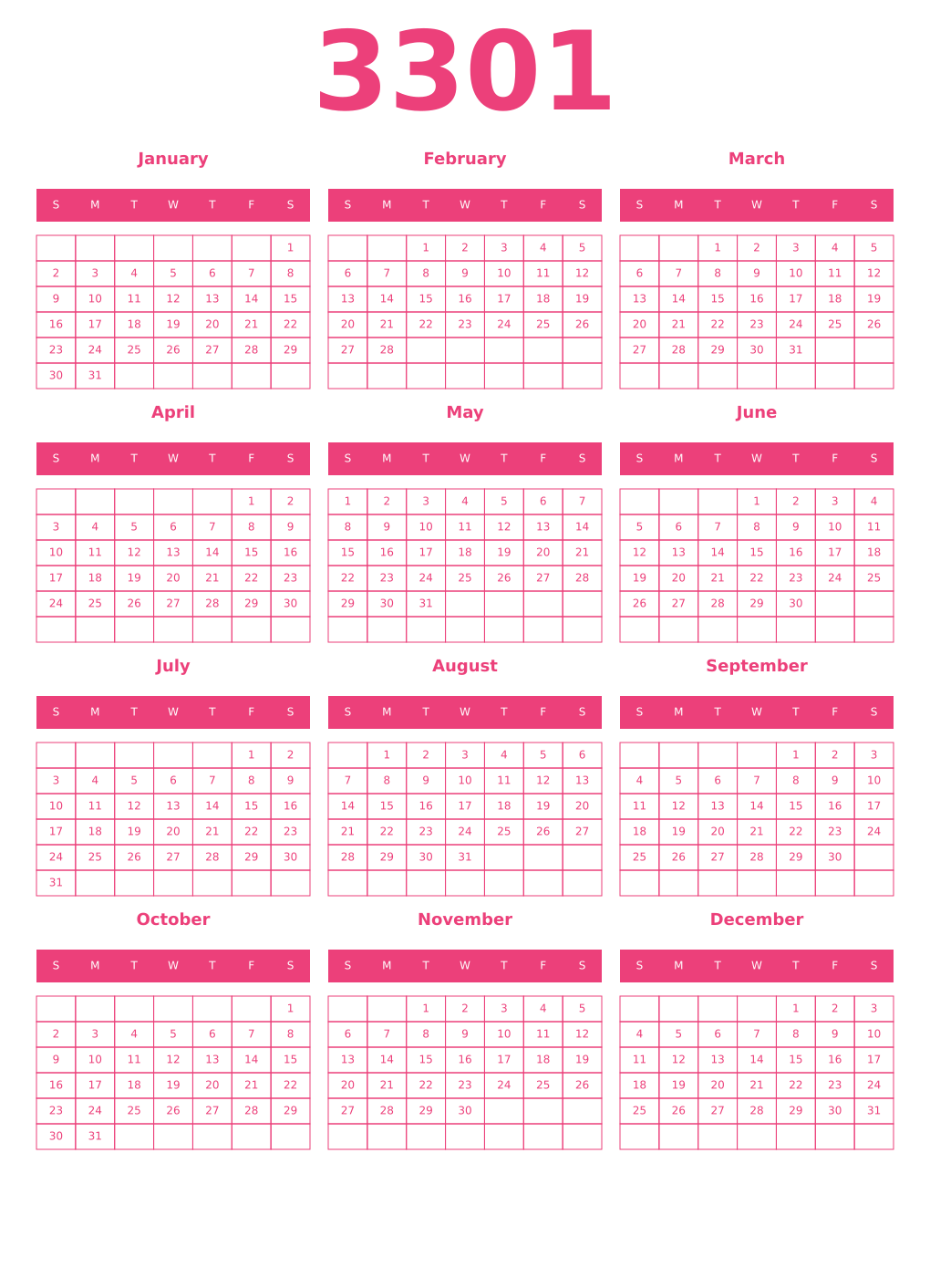 Printable 3301 Year Calendars pink