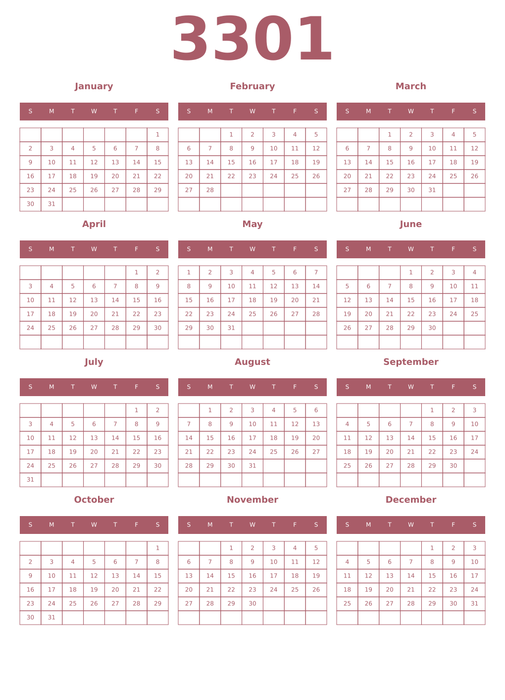 Printable 3301 Year Calendars puce