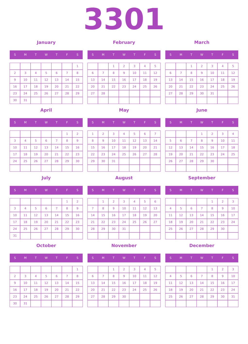 Printable 3301 Year Calendars purple