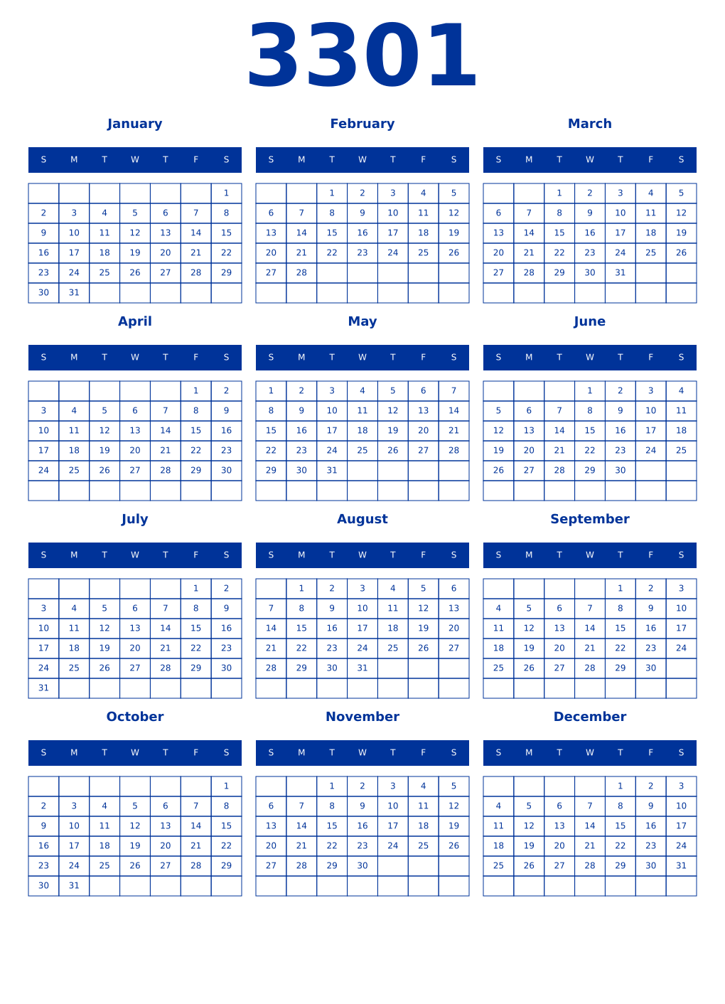 Printable 3301 Year Calendars smalt