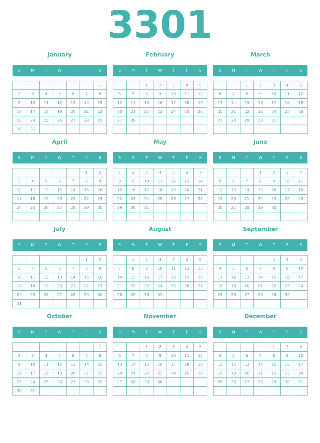 Printable 3301 Year Calendars verdigris