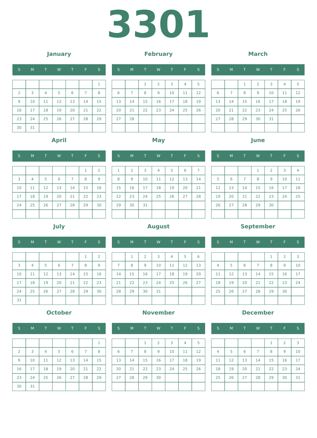 Printable 3301 Year Calendars viridian