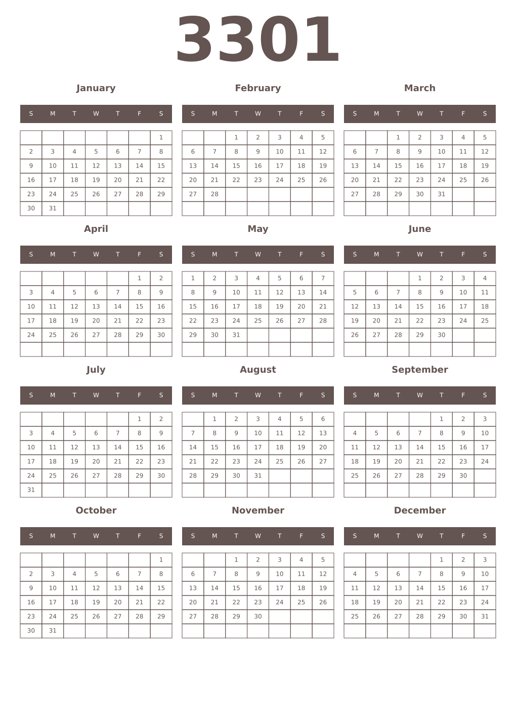 Printable 3301 Year Calendars wenge