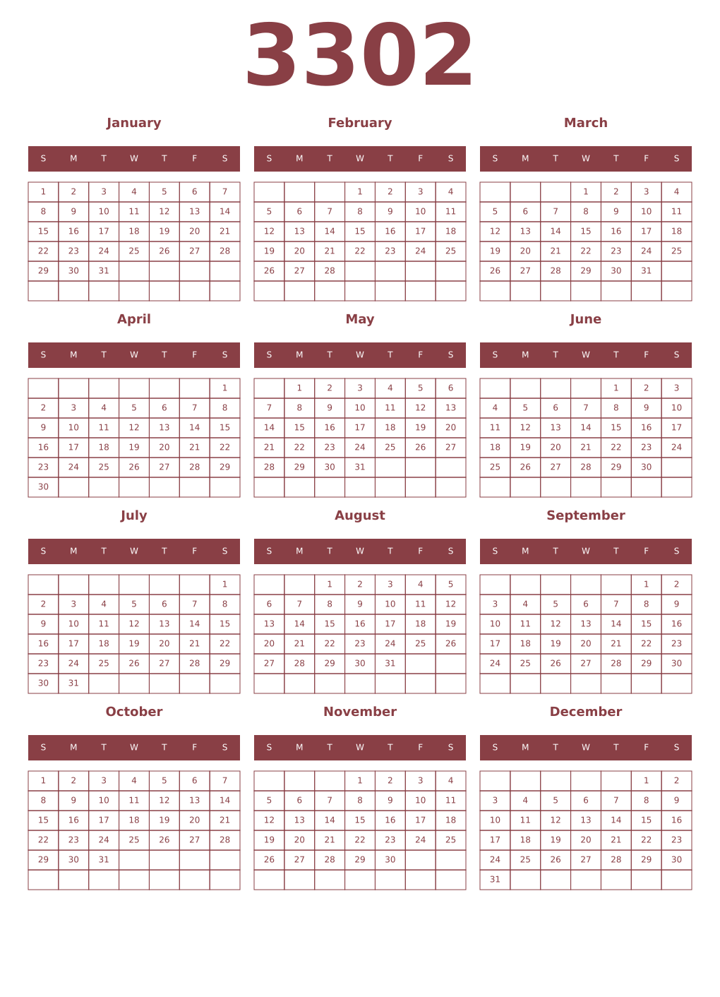Printable 3302 Year Calendars cordovan