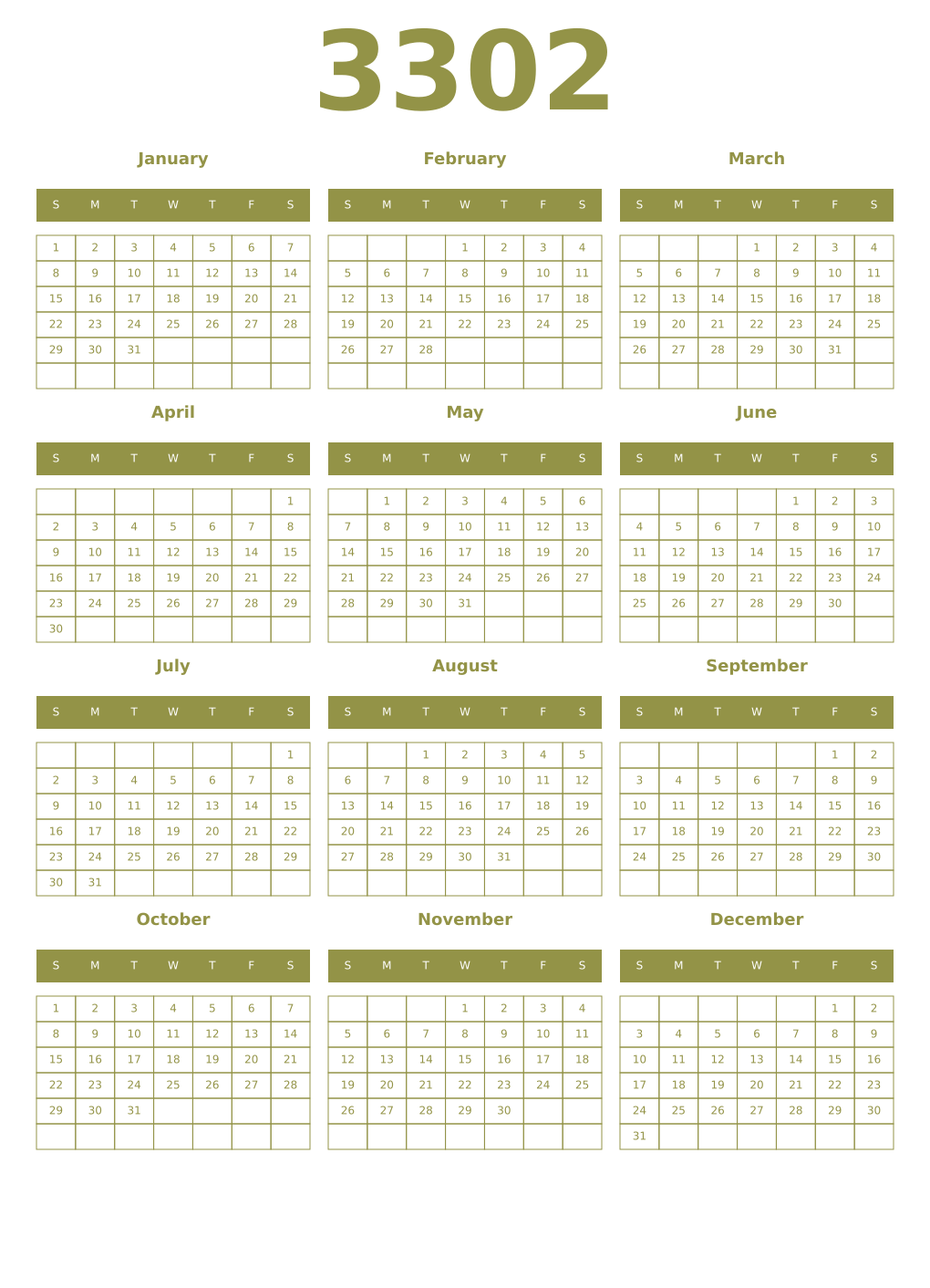 Printable 3302 Year Calendars eburnean